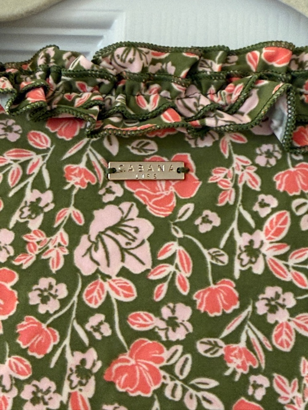 Cabana Life Olive Green Floral Ruffle Neck Sleeveless Dress XL NWT